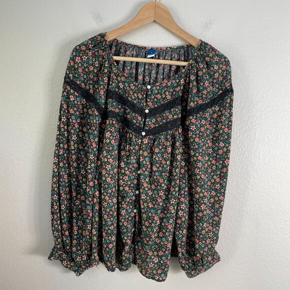Old Navy Womens Large Floral Boho Blouse Black Multicolor Lace Trim Long Sleeves - Picture 7 of 10
